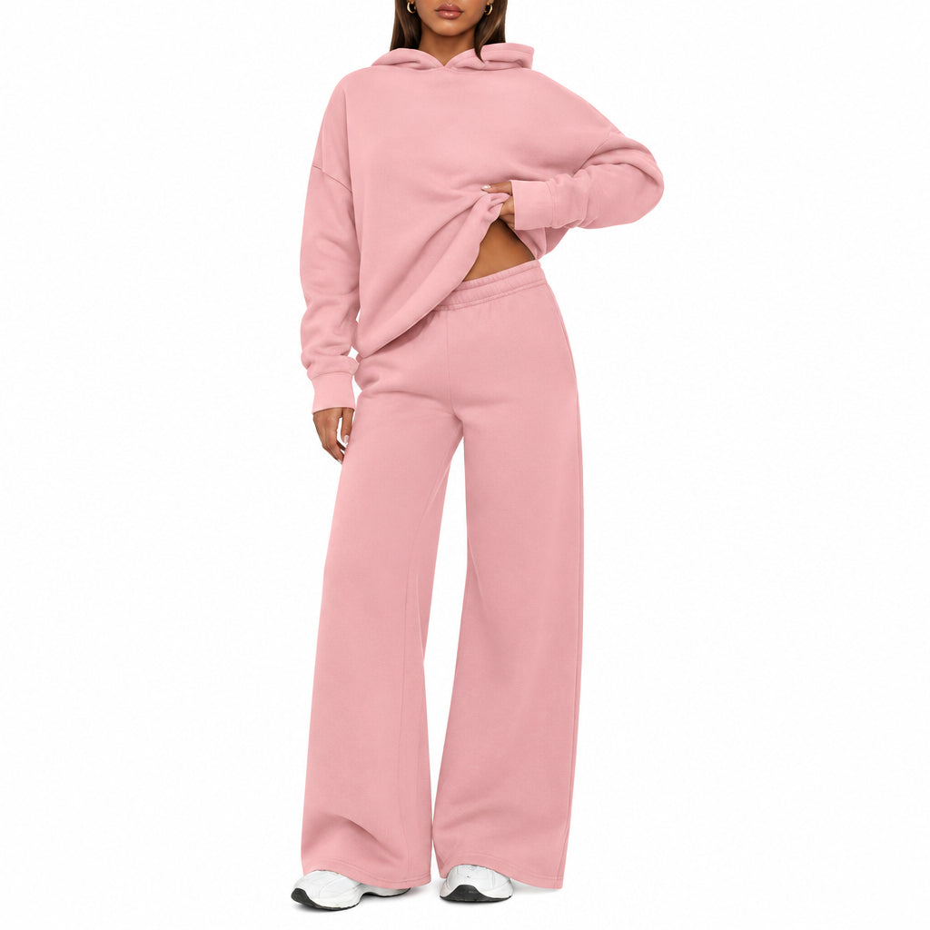Fleece Hooded Sweatshirt & Wide Leg Sports Pants Set – Casual Wear, Outdoor Activities - Satinni
