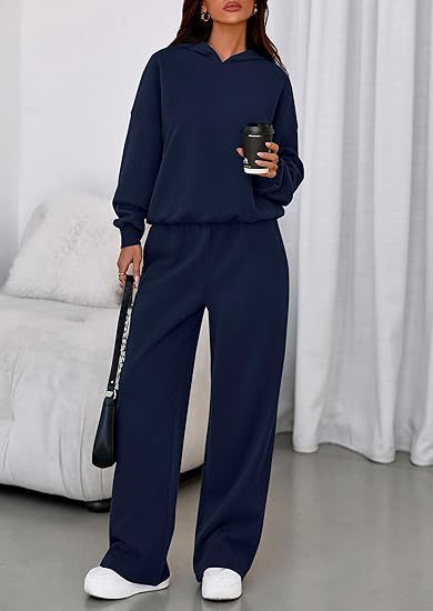 Fleece Hooded Sweatshirt & Wide Leg Sports Pants Set – Casual Wear, Outdoor Activities - Satinni