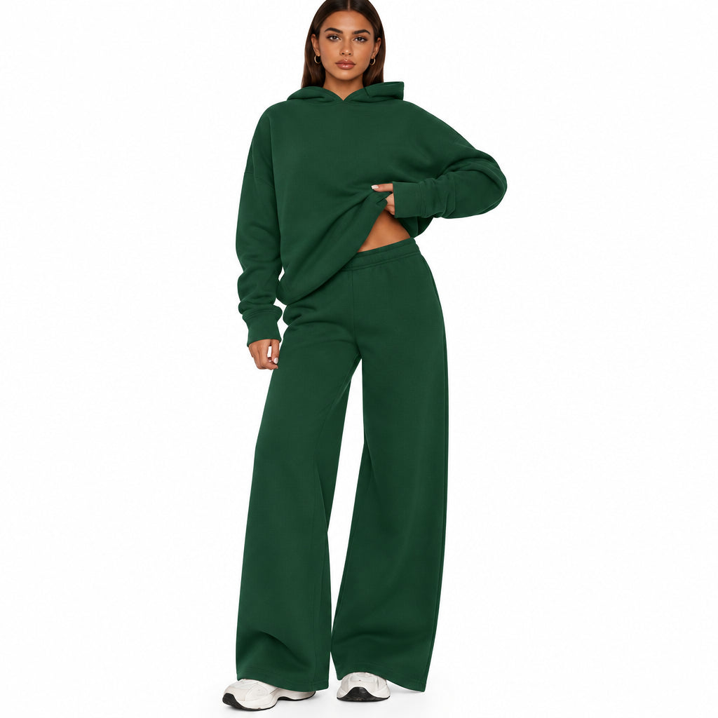 Fleece Hooded Sweatshirt & Wide Leg Sports Pants Set – Casual Wear, Outdoor Activities - Satinni