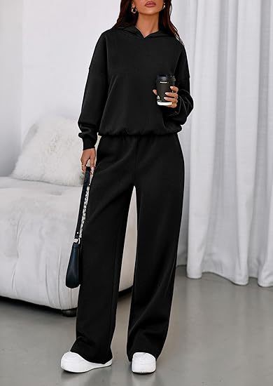 Fleece Hooded Sweatshirt & Wide Leg Sports Pants Set – Casual Wear, Outdoor Activities - Satinni