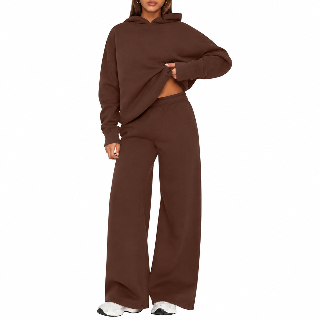 Fleece Hooded Sweatshirt & Wide Leg Sports Pants Set – Casual Wear, Outdoor Activities - Satinni