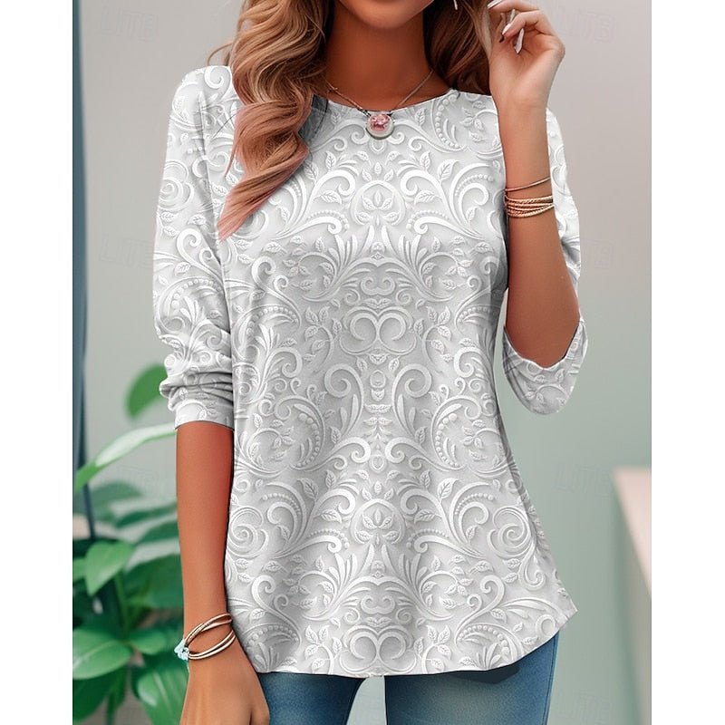 Floral Long-Sleeve Tunic Top | Elegant Design | Women's Fashion Apparel - Satinnis