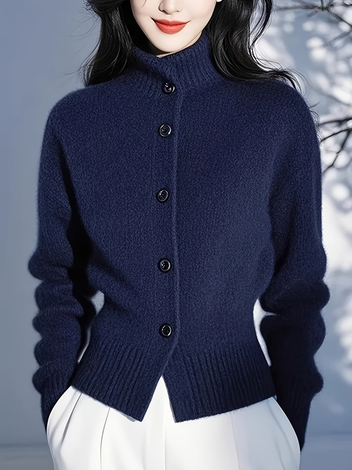 High-Neck Button Cardigan in Soft Knit for Women’s Casual Wear - Satinni