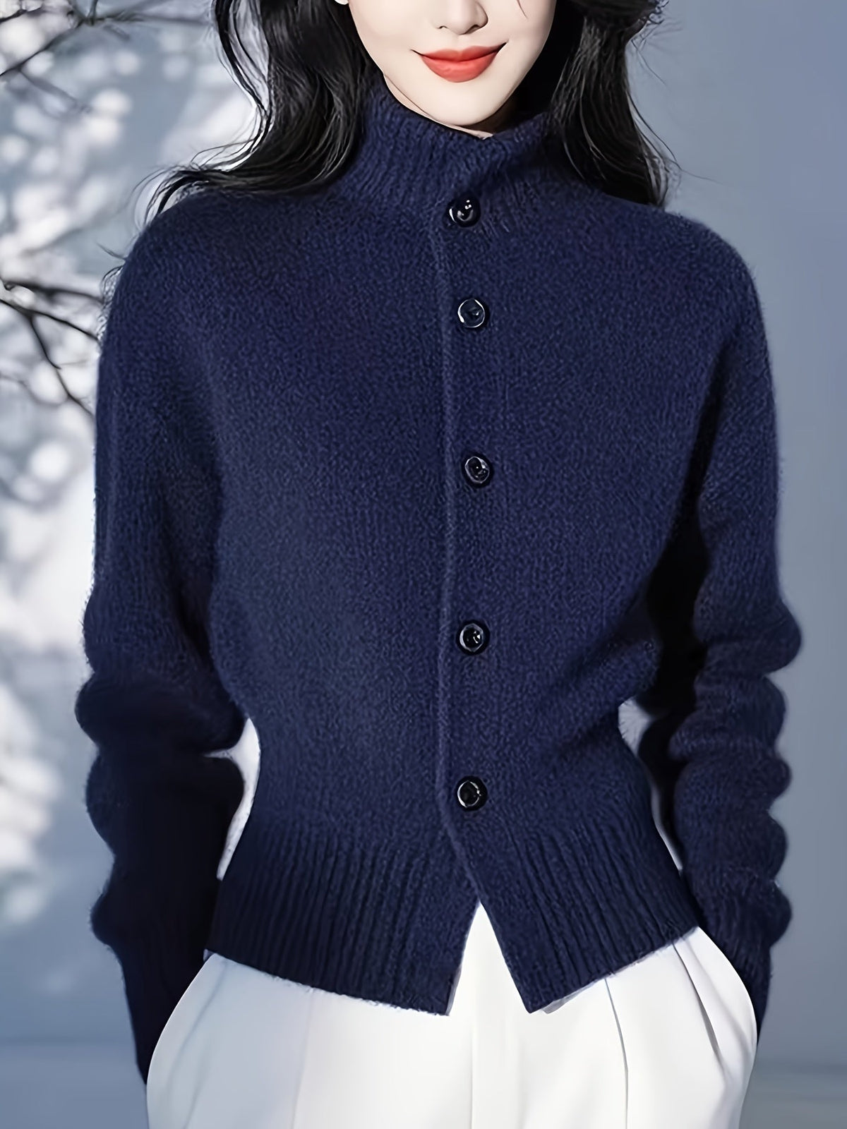 High-Neck Button Cardigan in Soft Knit for Women’s Casual Wear - Satinni