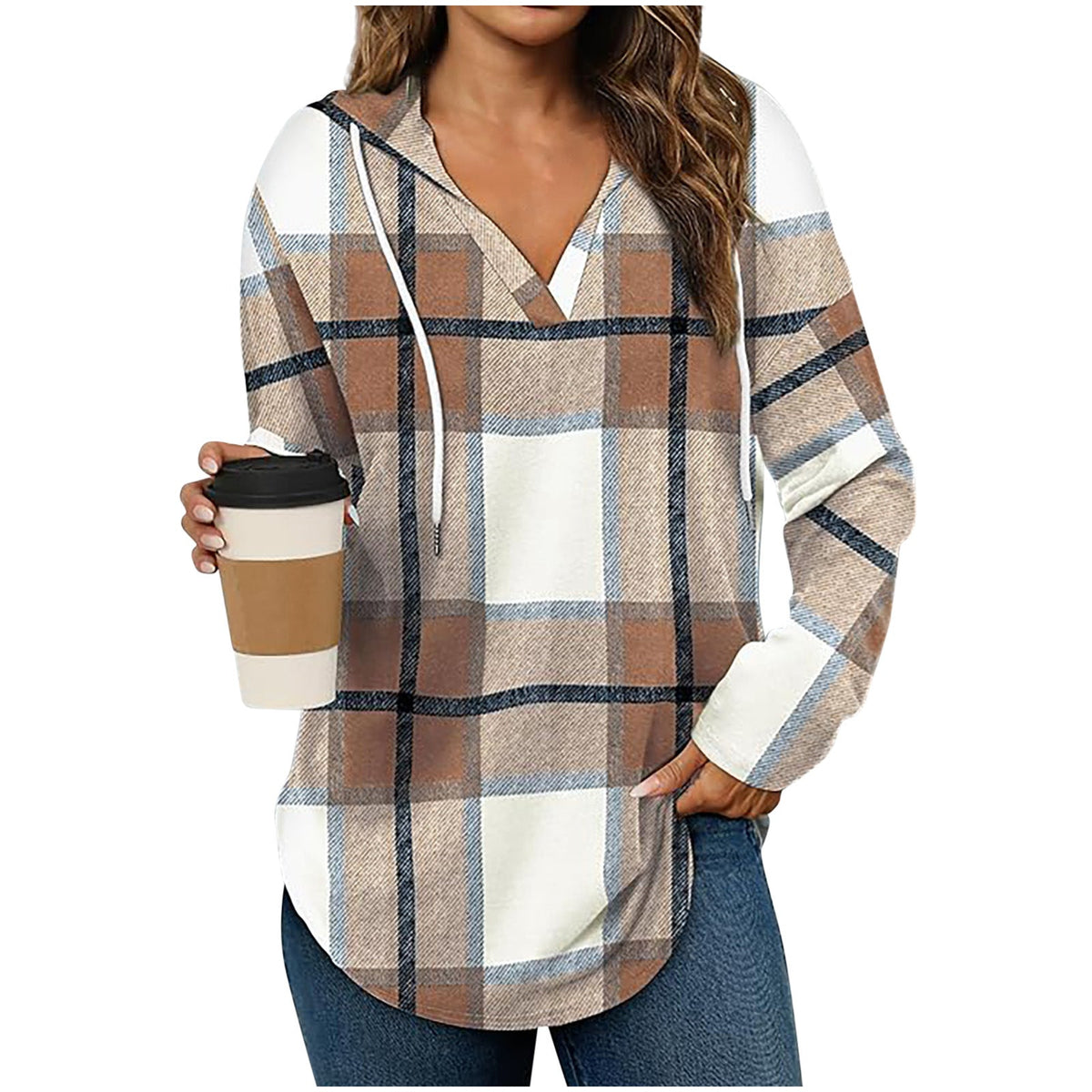 Hooded Pullover V-Neck Plaid Long Sleeve – Casual Wear, Autumn Style - Satinni