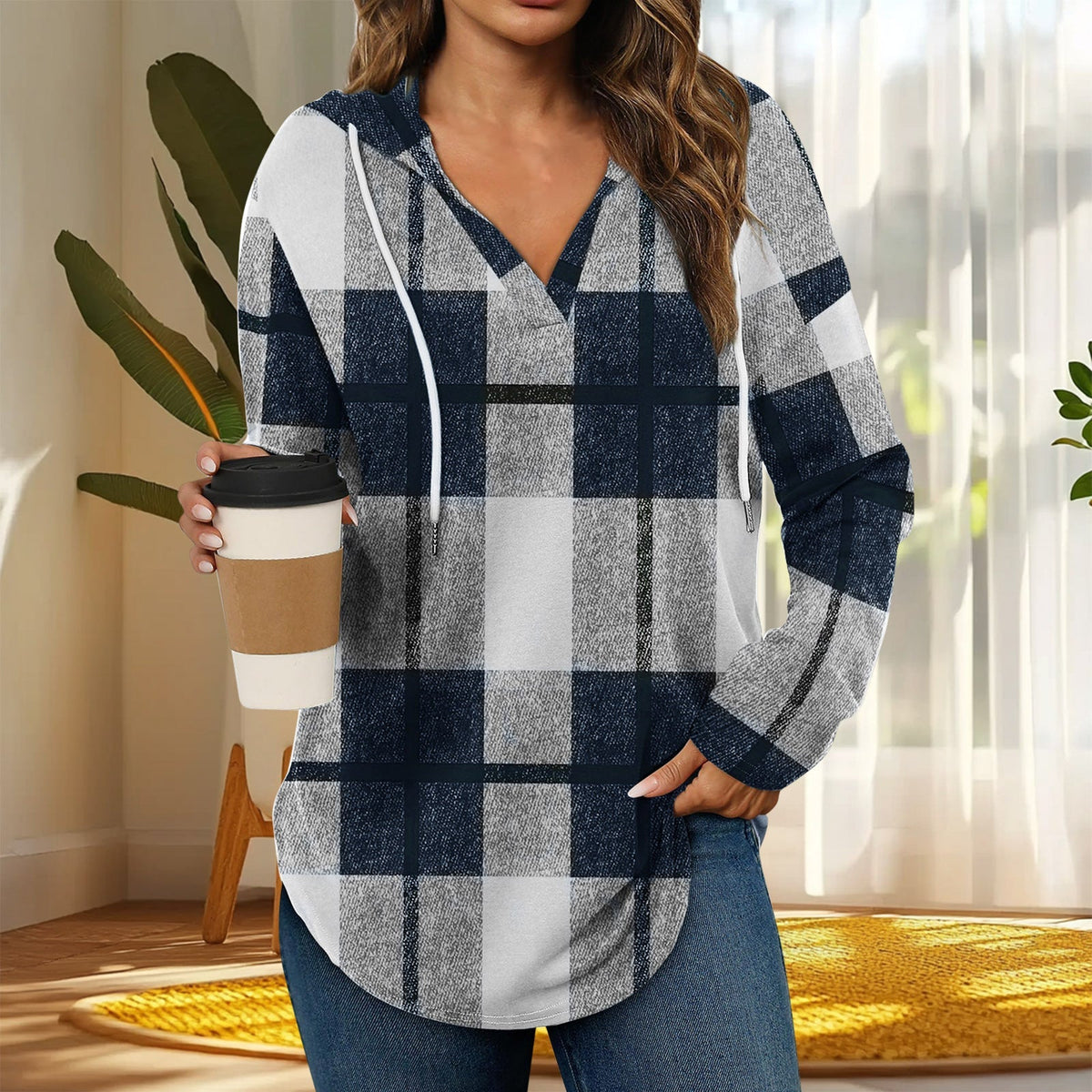 Hooded Pullover V-Neck Plaid Long Sleeve – Casual Wear, Autumn Style - Satinni