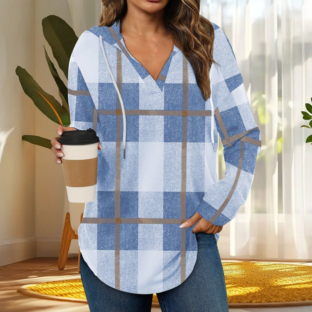 Hooded Pullover V-Neck Plaid Long Sleeve – Casual Wear, Autumn Style - Satinni