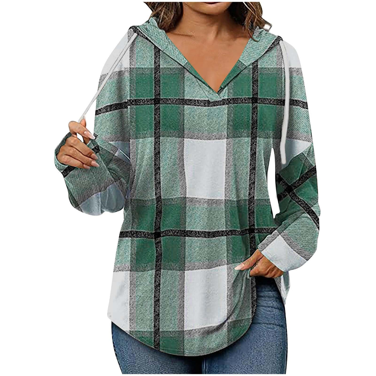 Hooded Pullover V-Neck Plaid Long Sleeve – Casual Wear, Autumn Style - Satinni