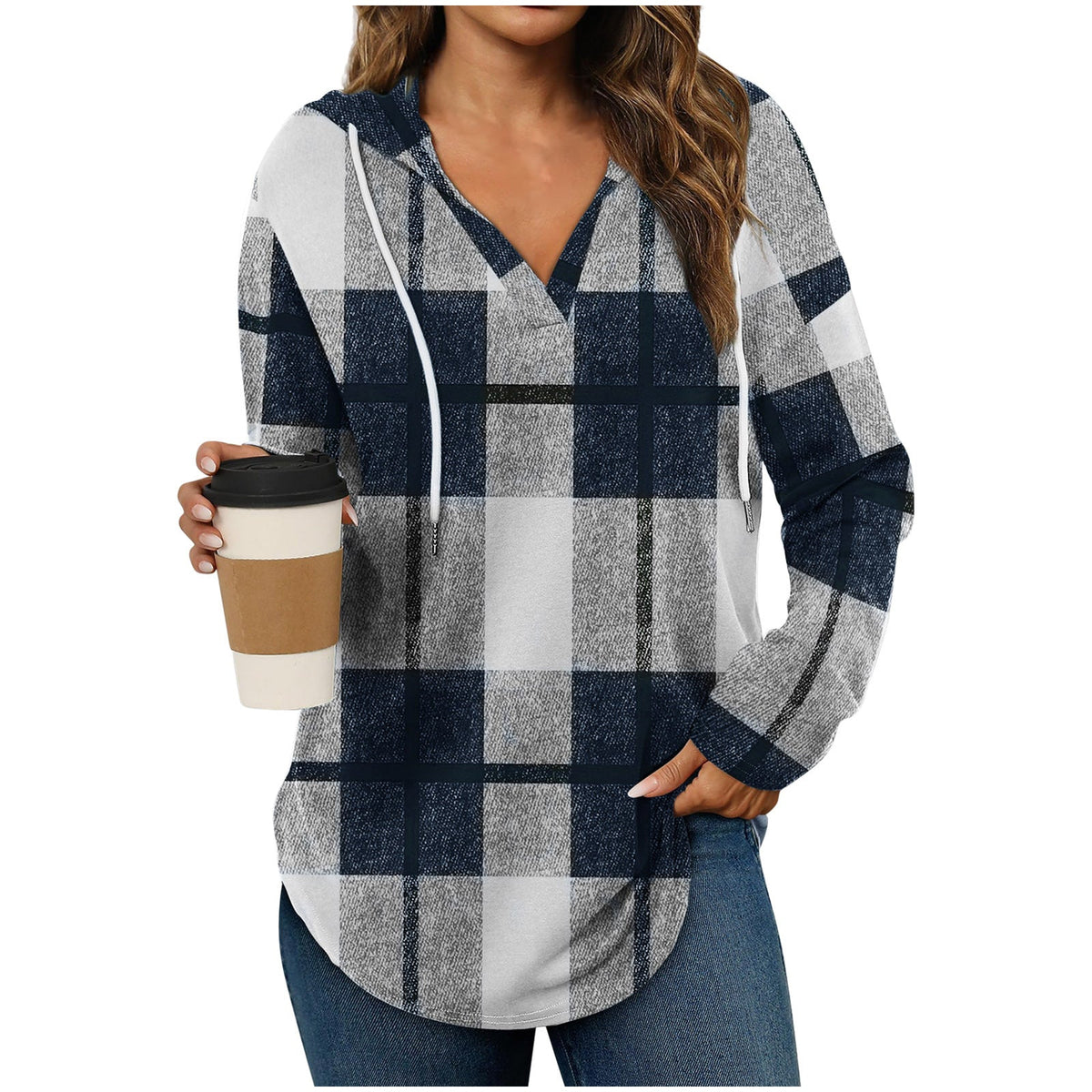 Hooded Pullover V-Neck Plaid Long Sleeve – Casual Wear, Autumn Style - Satinni