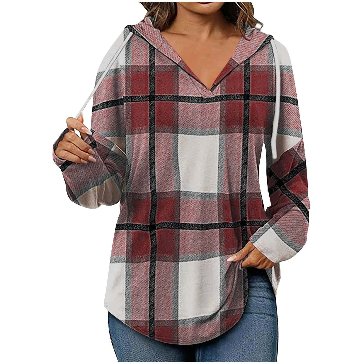 Hooded Pullover V-Neck Plaid Long Sleeve – Casual Wear, Autumn Style - Satinni