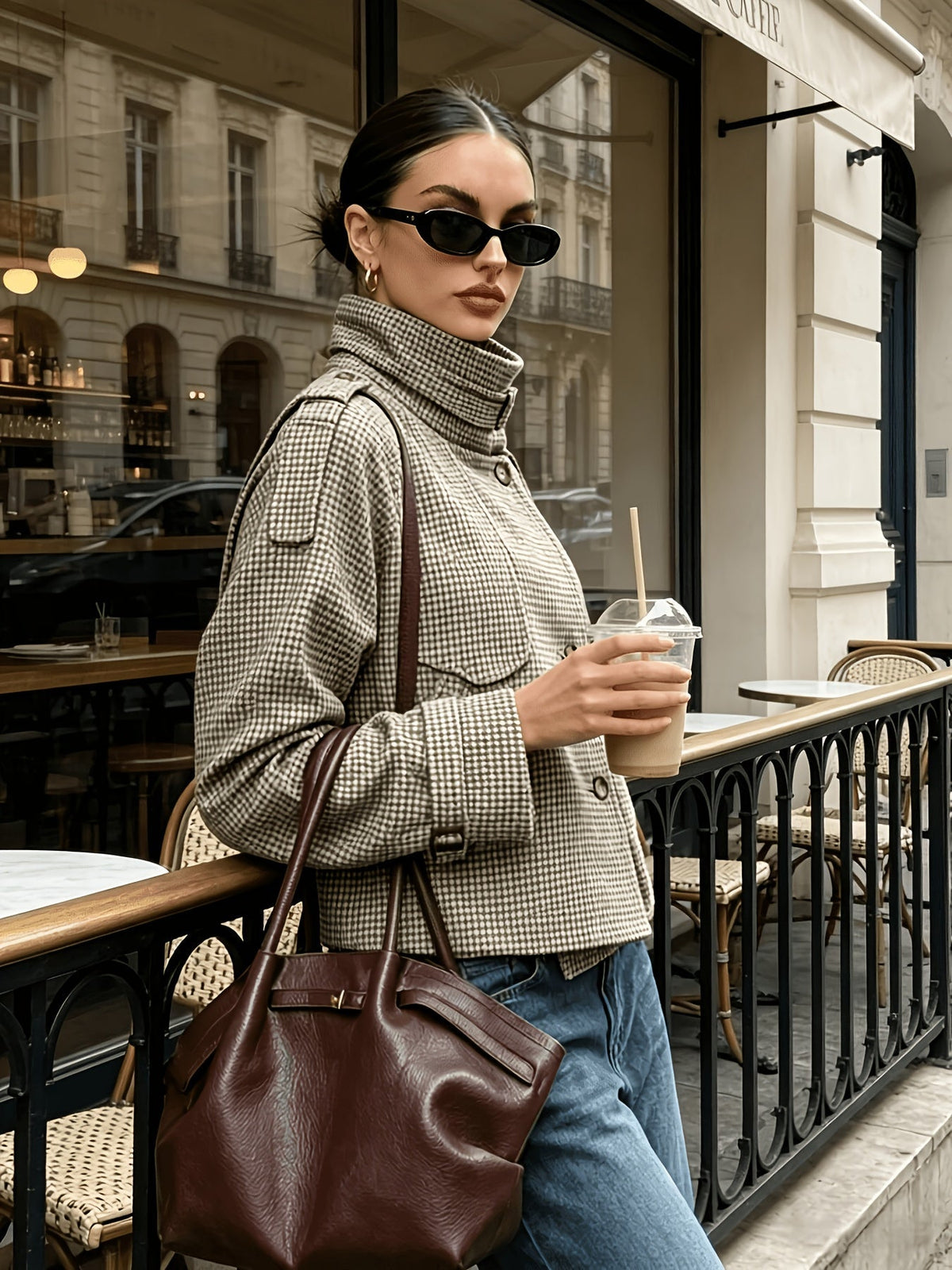Houndstooth Stand-Collar Jacket | Women's Fashion Outerwear - Satinni