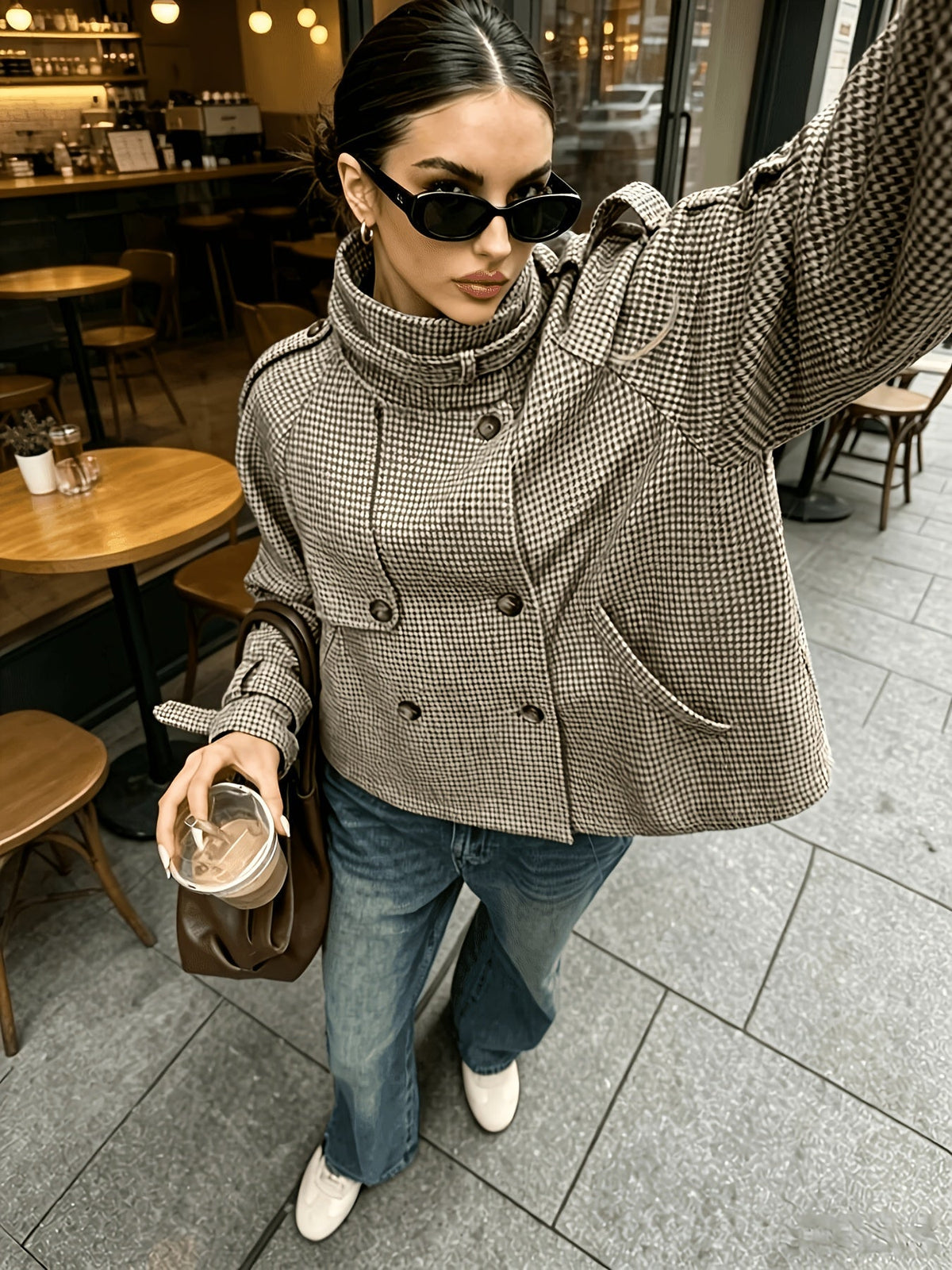 Houndstooth Stand-Collar Jacket | Women's Fashion Outerwear - Satinni