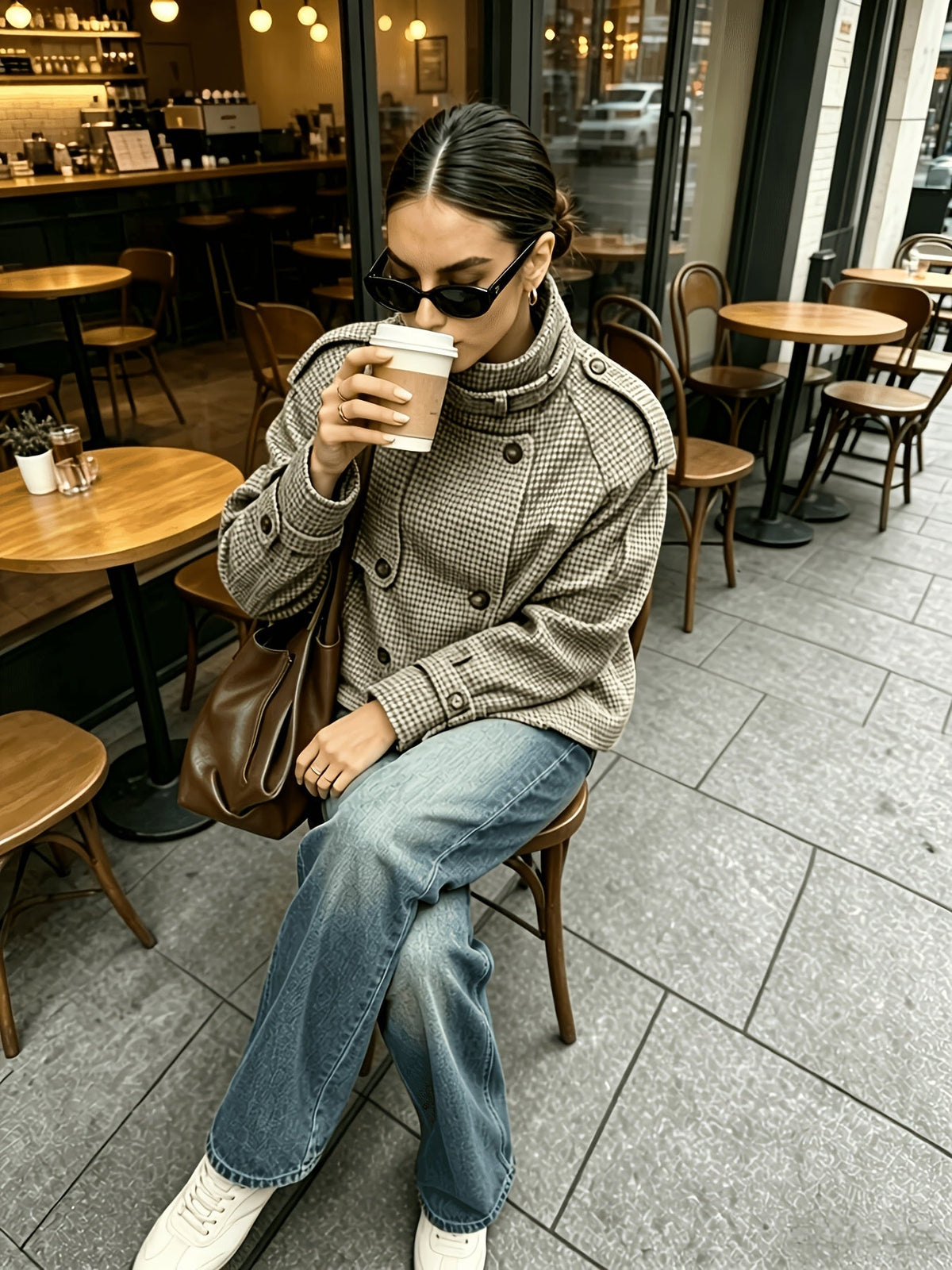 Houndstooth Stand-Collar Jacket | Women's Fashion Outerwear - Satinni