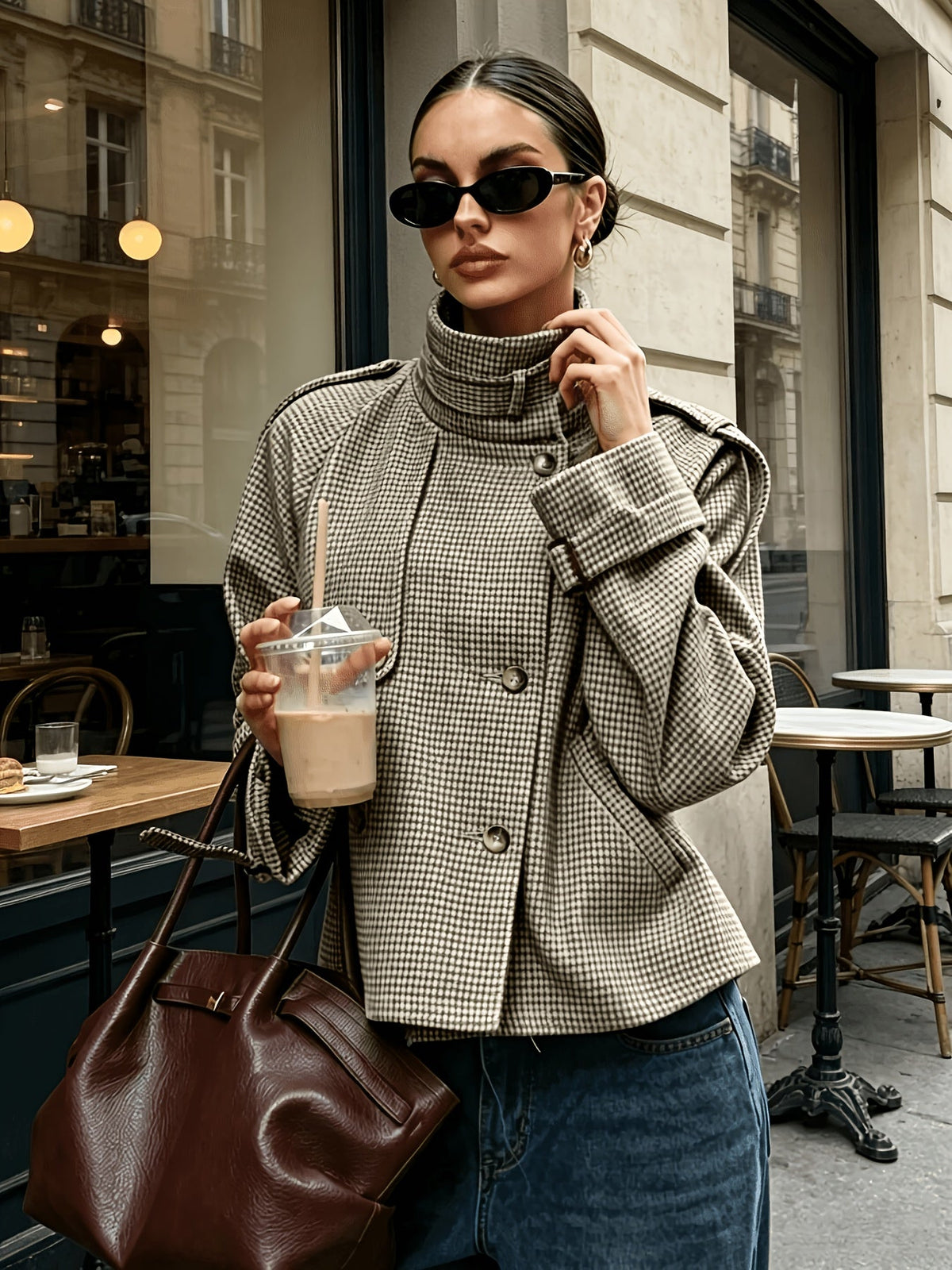 Houndstooth Stand-Collar Jacket | Women's Fashion Outerwear - Satinni
