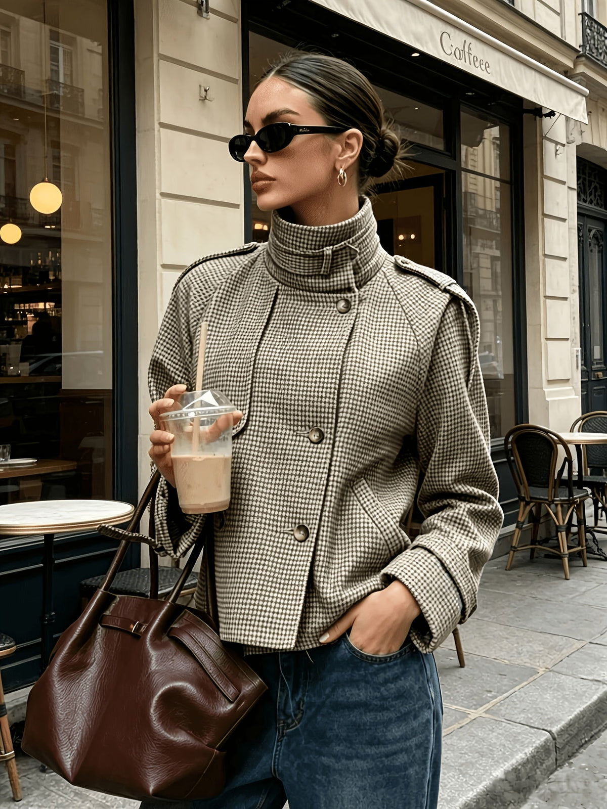 Houndstooth Stand-Collar Jacket | Women's Fashion Outerwear - Satinni