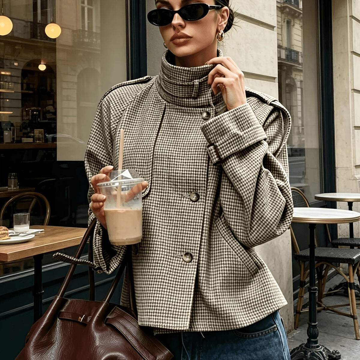 Houndstooth Stand-Collar Jacket | Women's Fashion Outerwear - Satinni