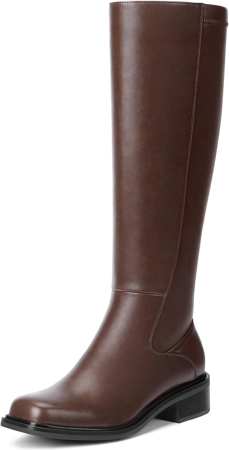Knee High Boots for Women, Low Heel Square Toe with Side Zipper – Comfortable All-Day Wear, Spring Fall - Satinni
