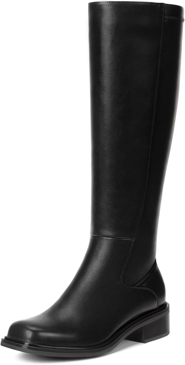 Knee High Boots for Women, Low Heel Square Toe with Side Zipper – Comfortable All-Day Wear, Spring Fall - Satinni