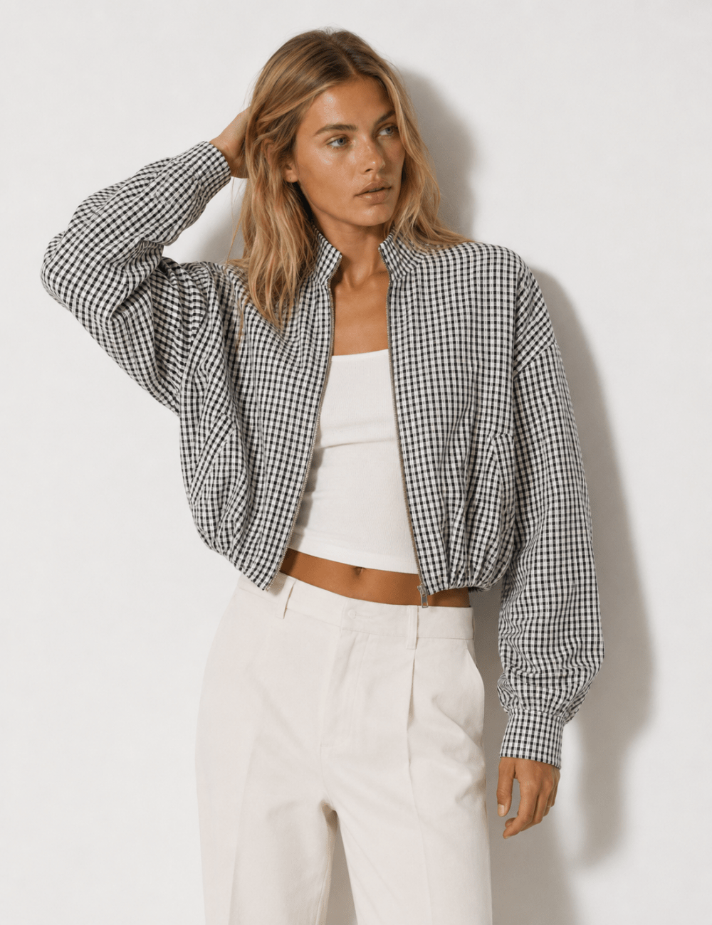 Ladies Casual Plaid Crop Jacket with Stand Collar – Everyday Wear, Stylish Layering - Satinni