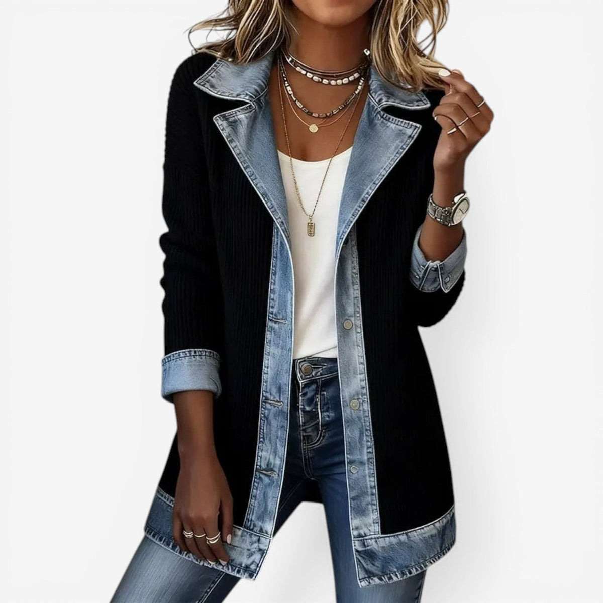 Layered Collar Button Jacket | Women's Elegant Outerwear | Fashionable Layering Piece - Satinni