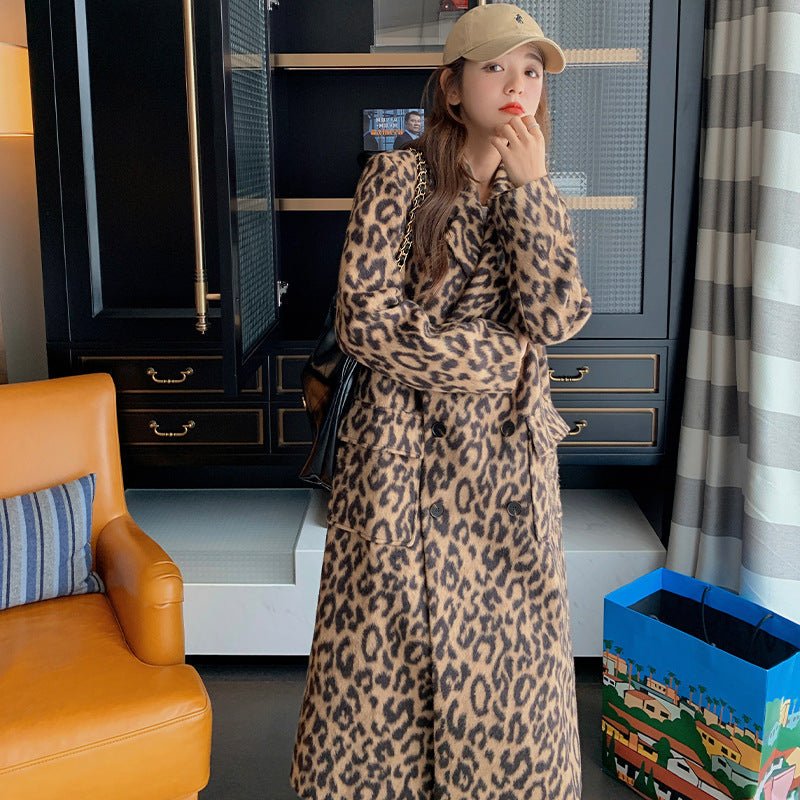 Leopard Print Woolen Coat, Long Over-The-Knee, Loose Fit – Autumn, Winter Fashion - Satinni