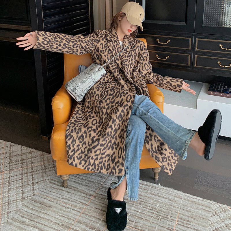 Leopard Print Woolen Coat, Long Over-The-Knee, Loose Fit – Autumn, Winter Fashion - Satinni