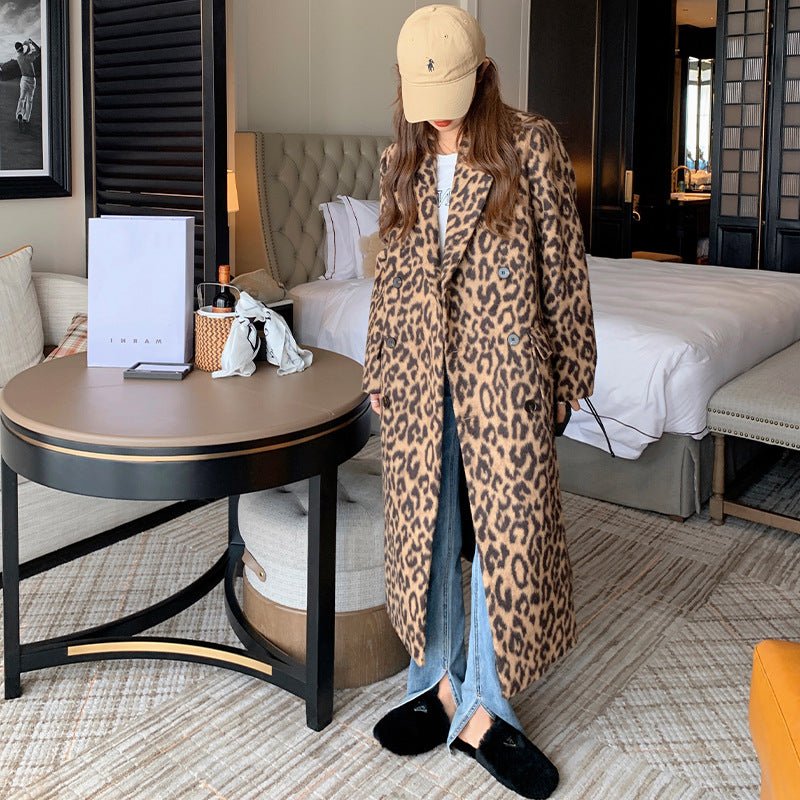 Leopard Print Woolen Coat, Long Over-The-Knee, Loose Fit – Autumn, Winter Fashion - Satinni