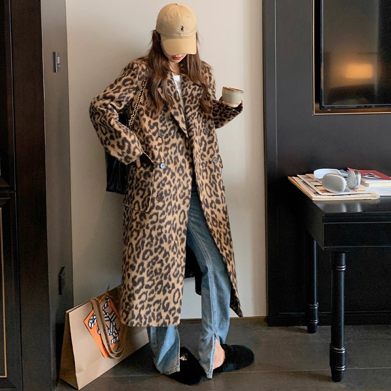 Leopard Print Woolen Coat, Long Over-The-Knee, Loose Fit – Autumn, Winter Fashion - Satinni
