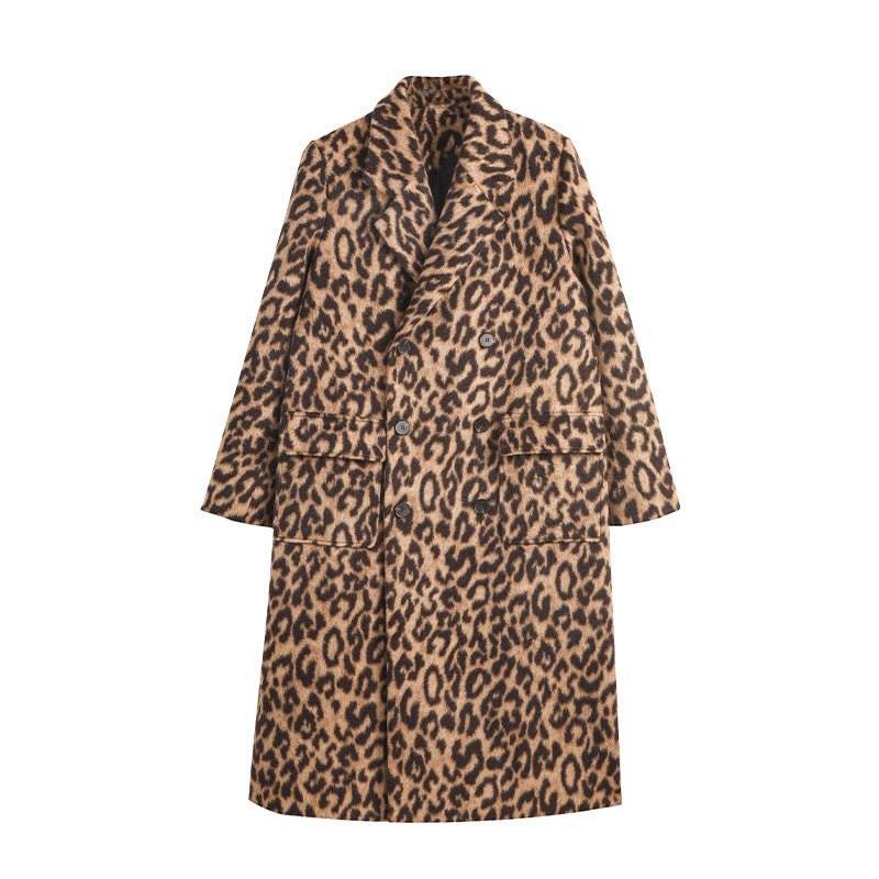 Leopard Print Woolen Coat, Long Over-The-Knee, Loose Fit – Autumn, Winter Fashion - Satinni