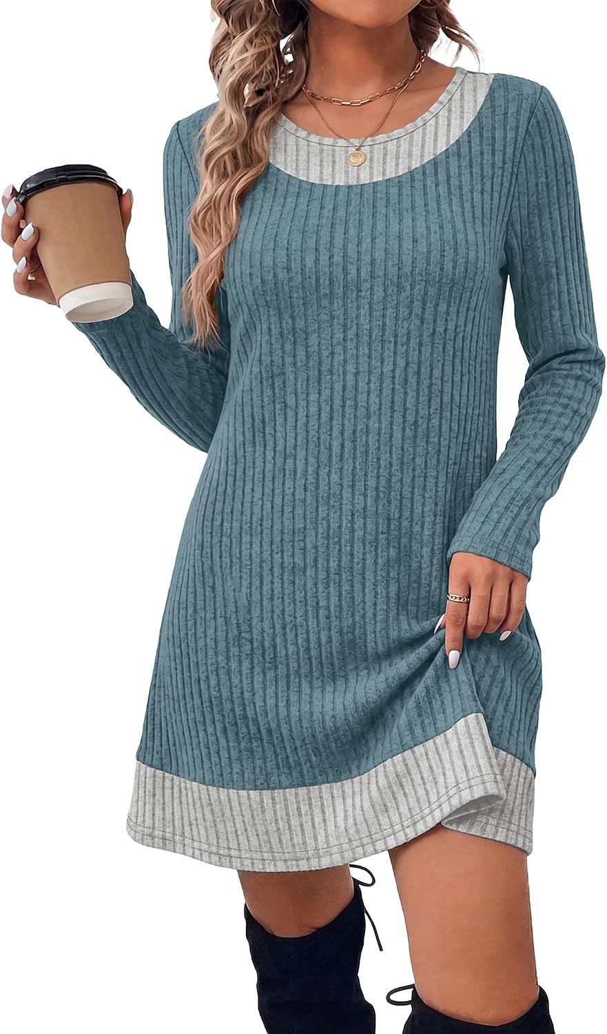 Long Sleeve Color Block Sweater Dress for Women – Casual, Office - Satinni
