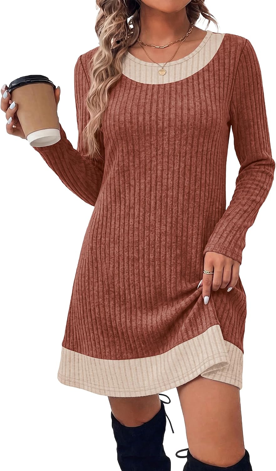 Long Sleeve Color Block Sweater Dress for Women – Casual, Office - Satinni