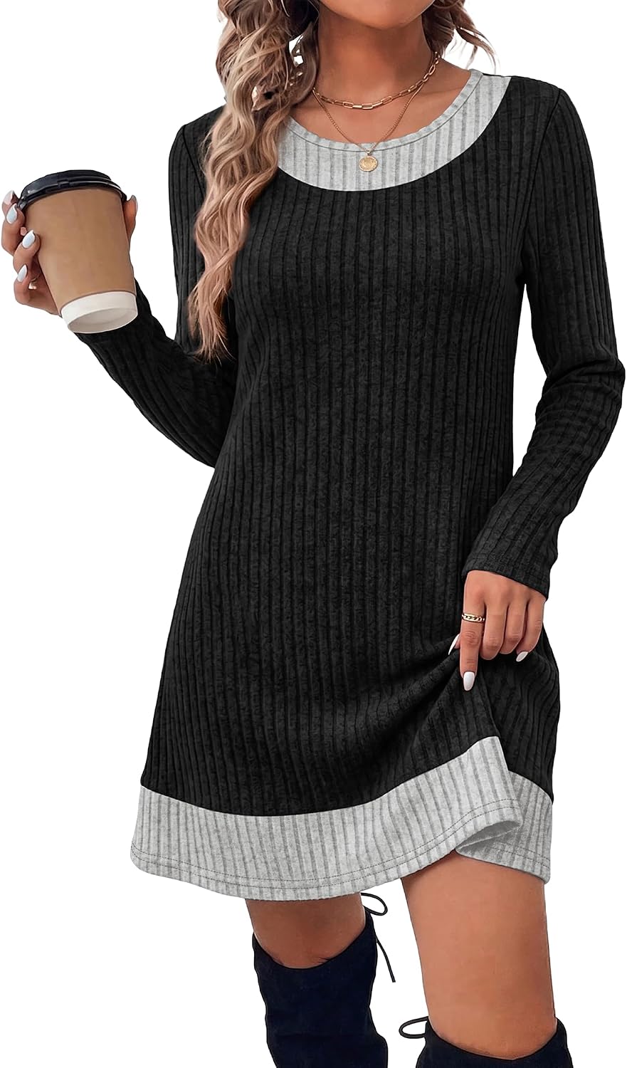 Long Sleeve Color Block Sweater Dress for Women – Casual, Office - Satinni