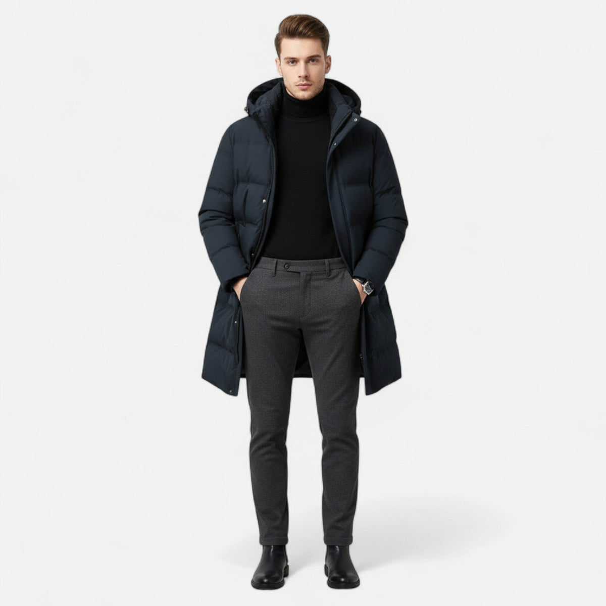 Men's Down Insulated Winter Parka with Hood for Cold Weather Protection - Satinnis