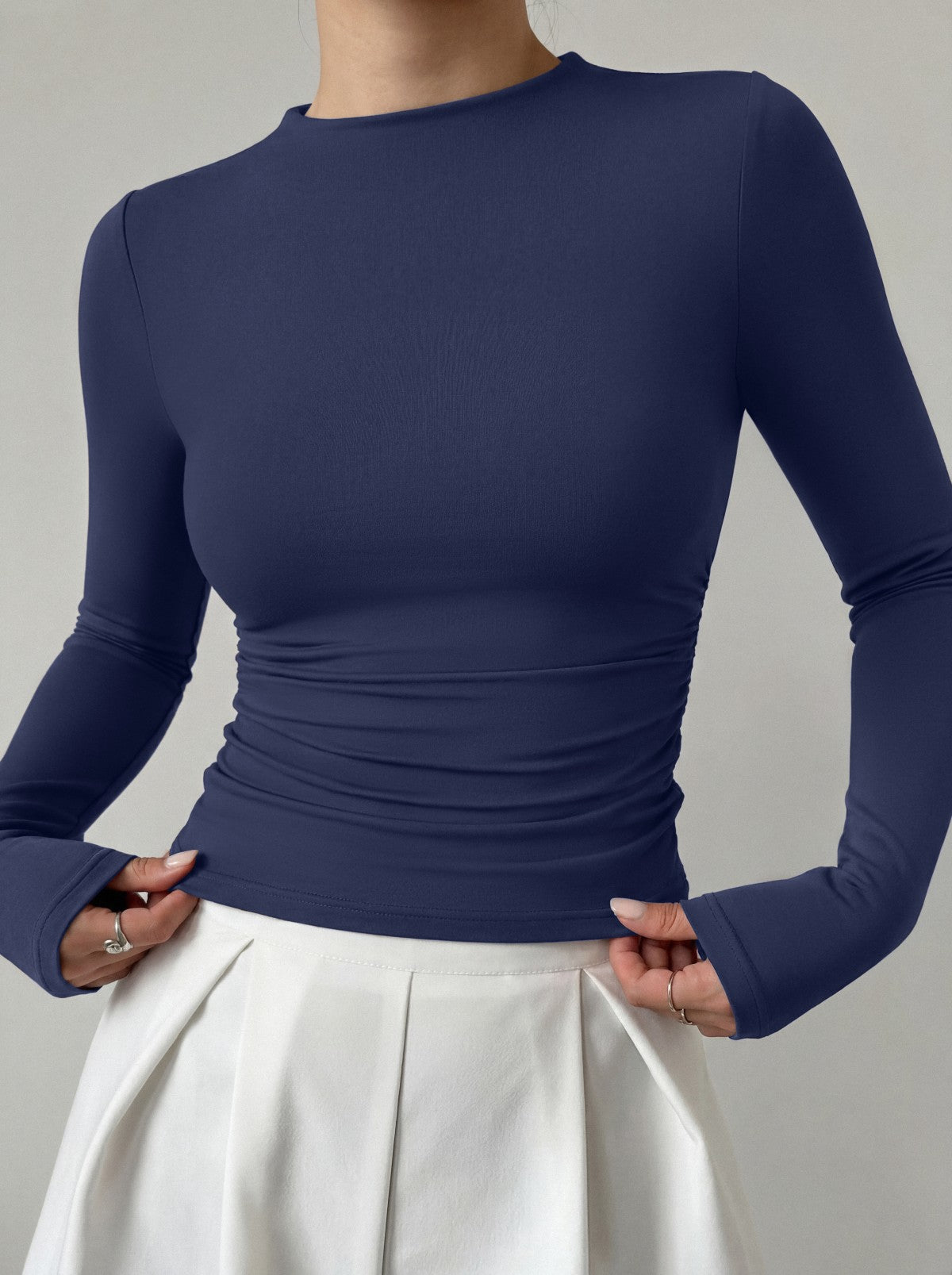 Mock Neck Ruched Waist Top - Business Casual Blouse for Women - Satinni