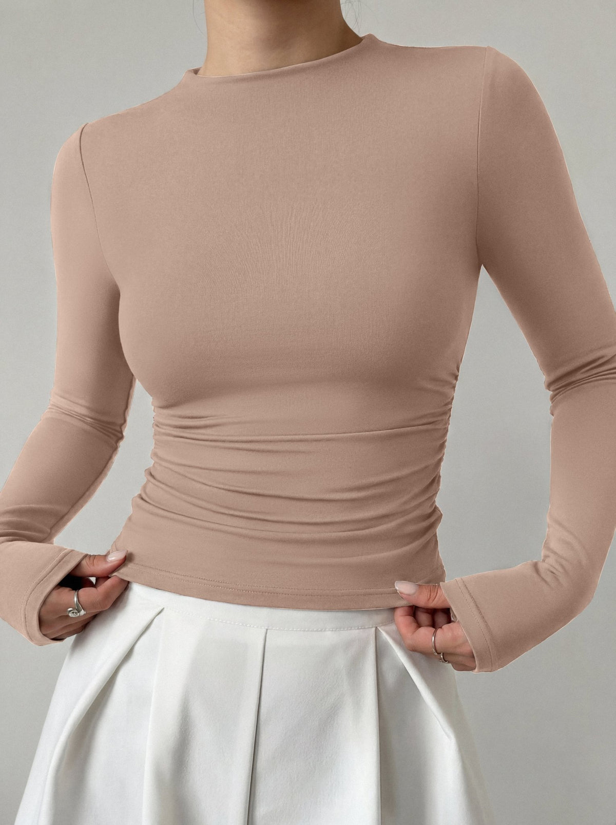 Mock Neck Ruched Waist Top - Business Casual Blouse for Women - Satinni