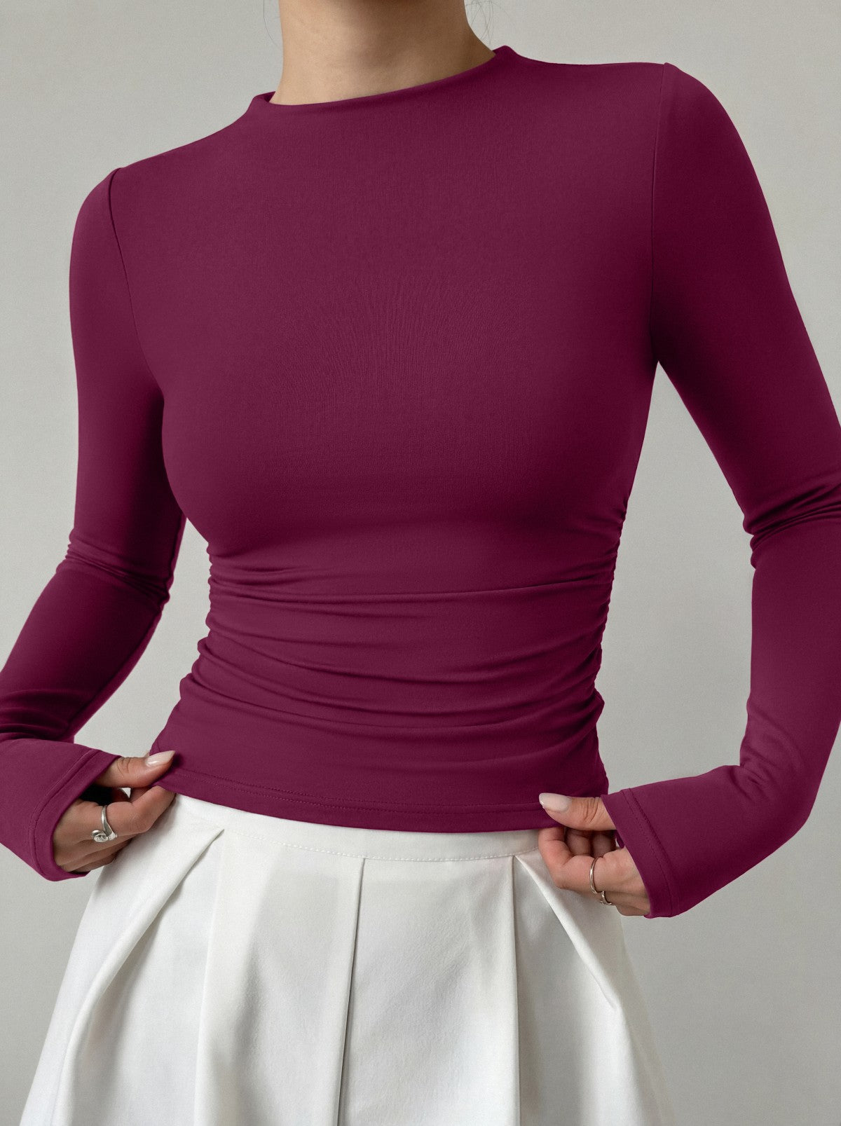 Mock Neck Ruched Waist Top - Business Casual Blouse for Women - Satinni