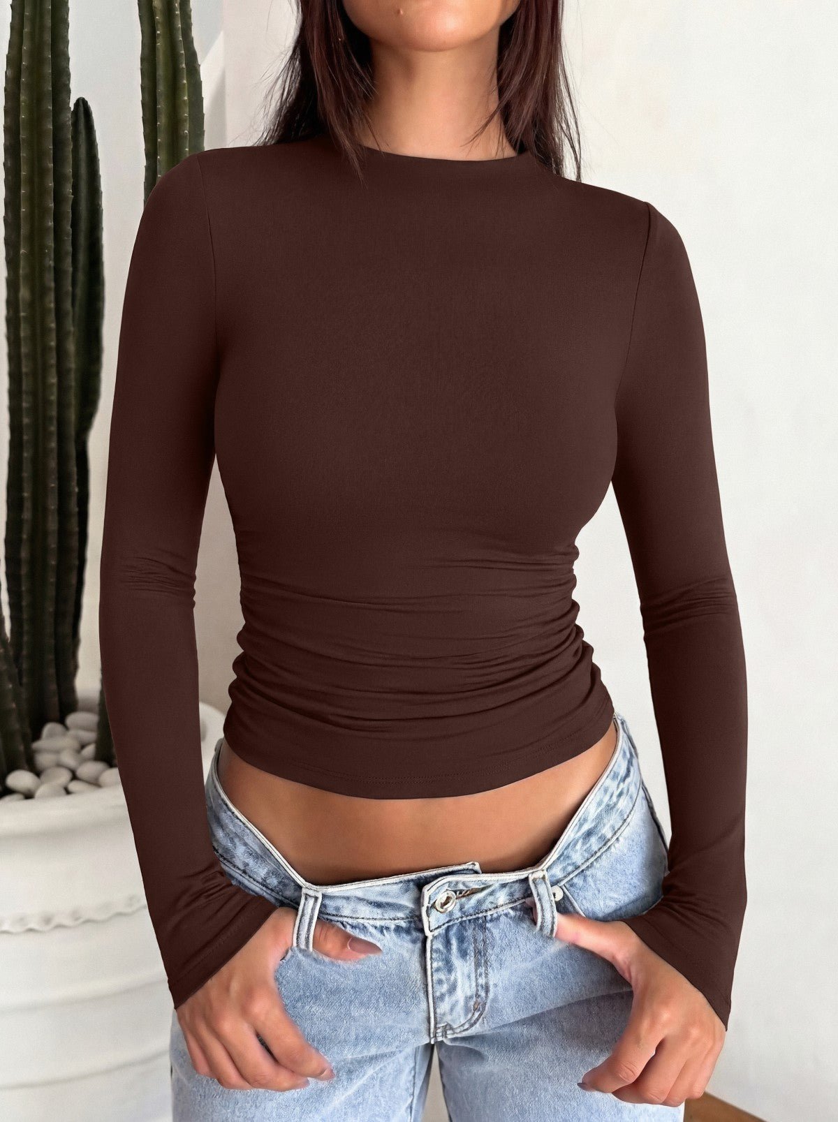 Mock Neck Ruched Waist Top - Business Casual Blouse for Women - Satinni