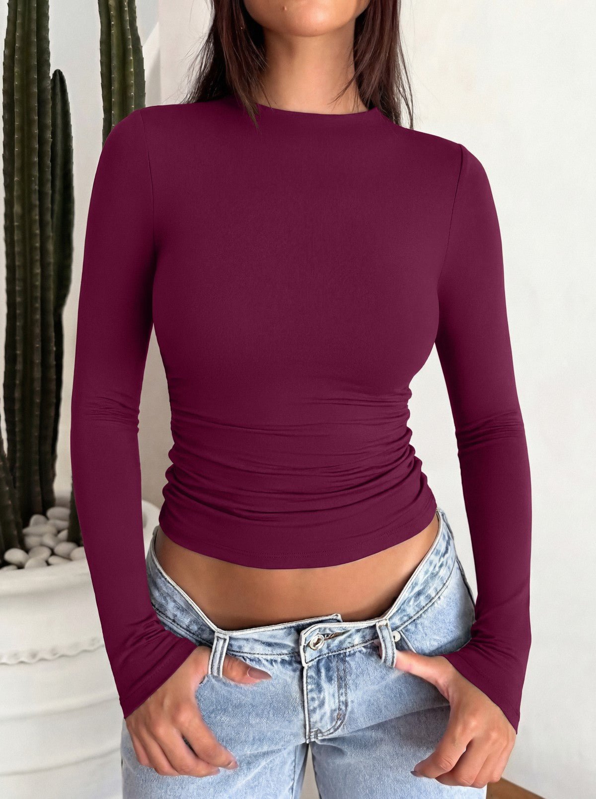 Mock Neck Ruched Waist Top - Business Casual Blouse for Women - Satinni