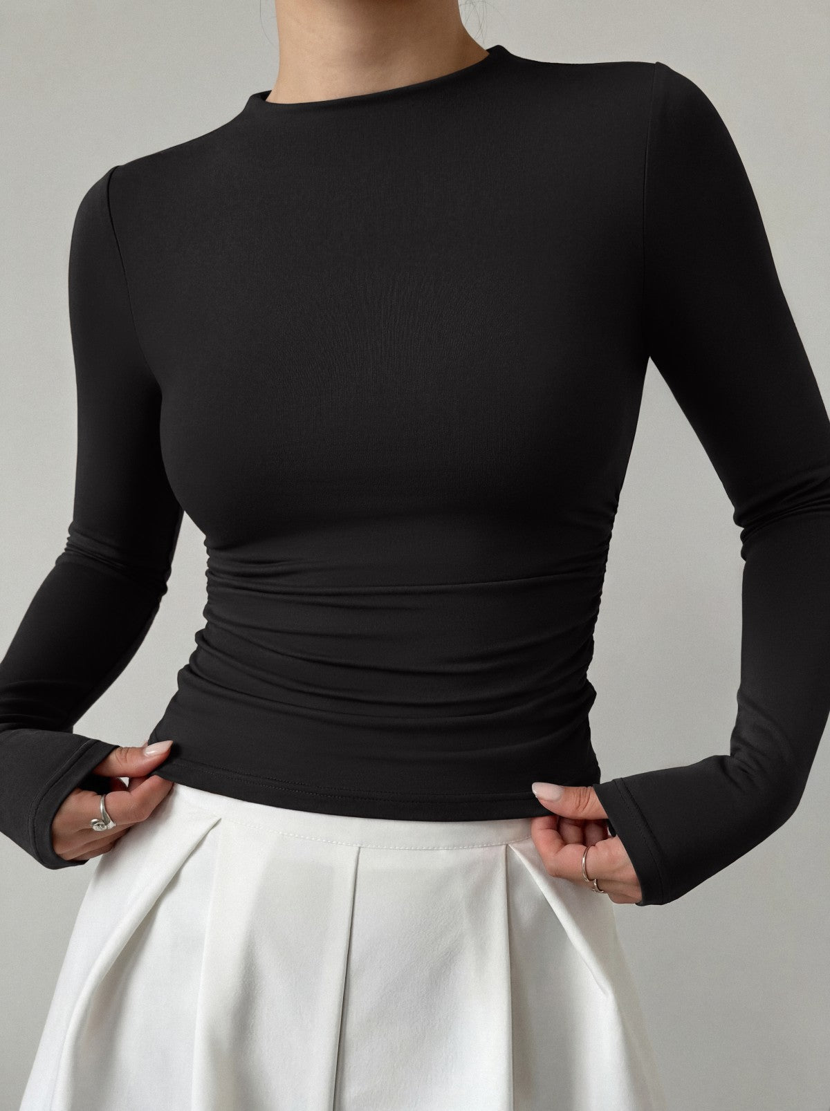 Mock Neck Ruched Waist Top - Business Casual Blouse for Women - Satinni