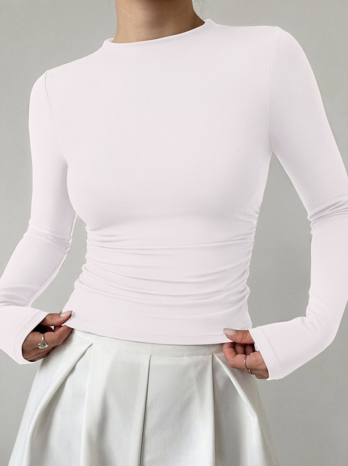 Mock Neck Ruched Waist Top - Business Casual Blouse for Women - Satinni