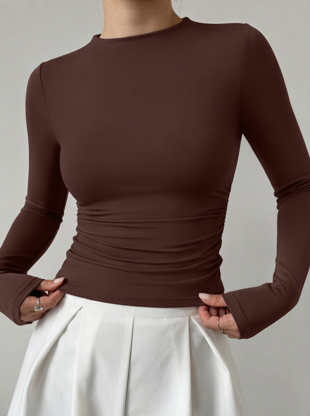 Mock Neck Ruched Waist Top - Business Casual Blouse for Women - Satinni