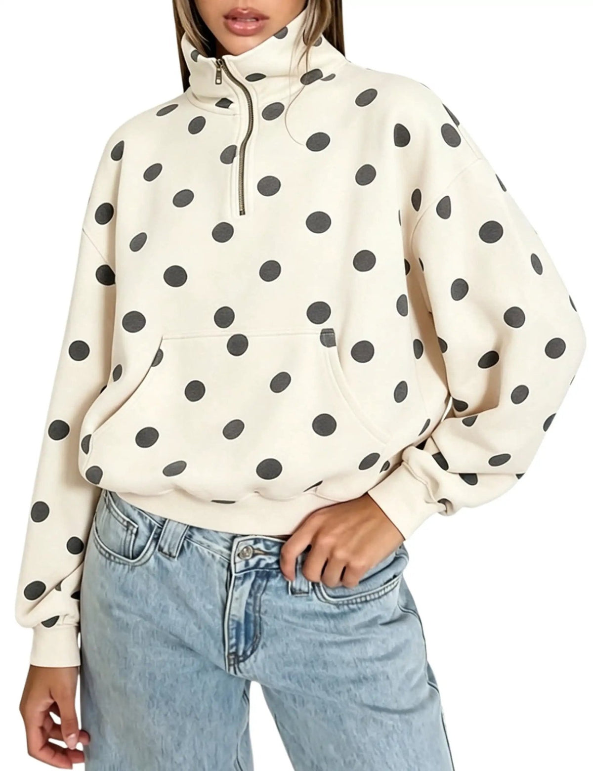 Oversized Blue Polka Dot Half-Zip Sweatshirt for Casual Wear - Satinni