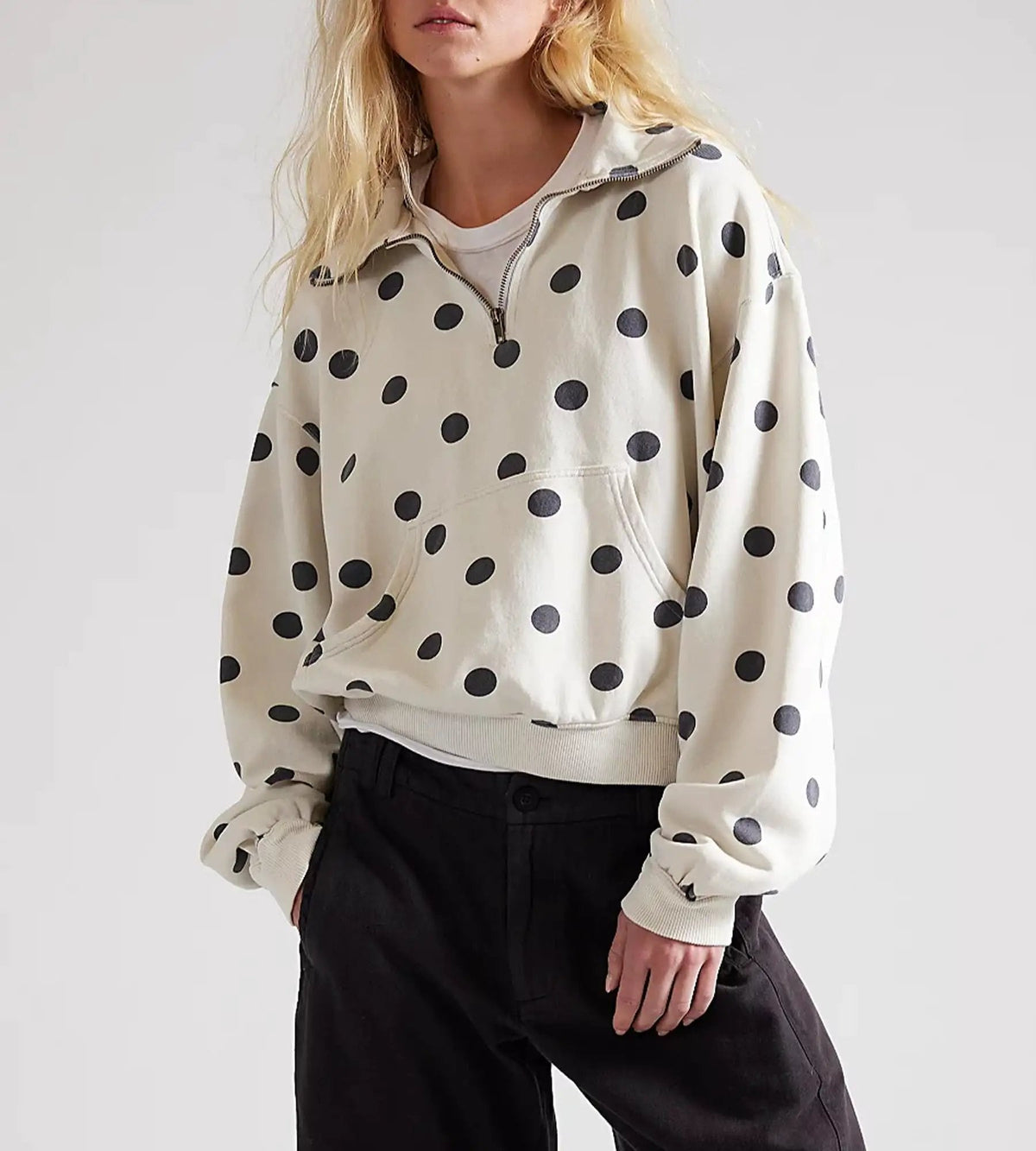 Oversized Blue Polka Dot Half-Zip Sweatshirt for Casual Wear - Satinni