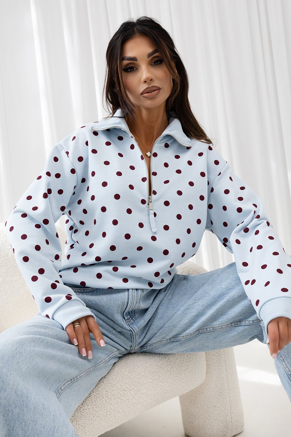 Oversized Blue Polka Dot Half-Zip Sweatshirt for Casual Wear - Satinni