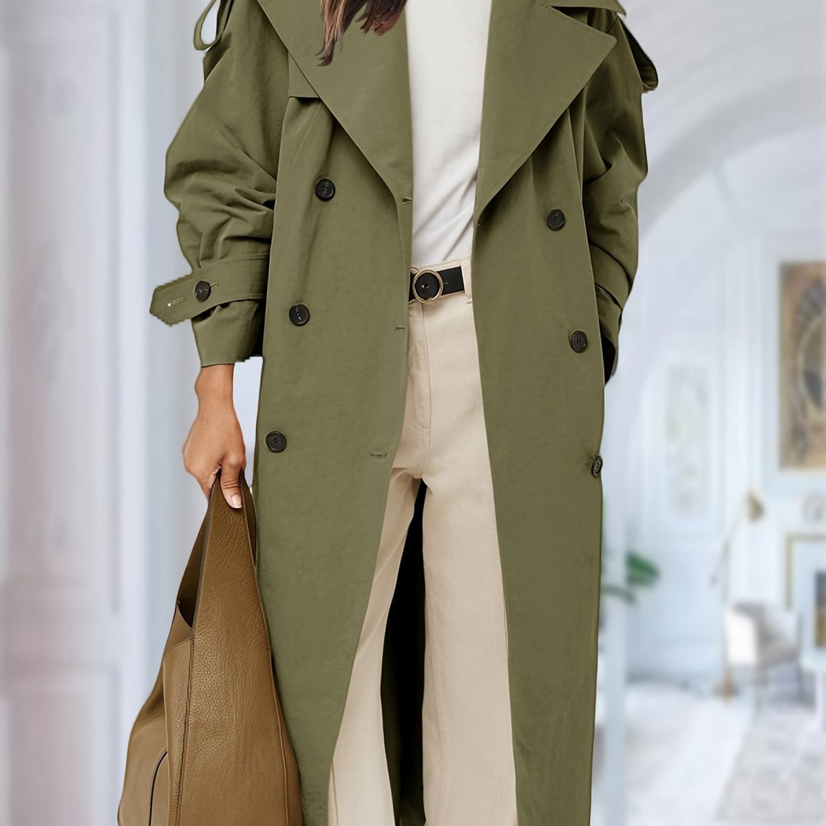 Oversized Double-Breasted Trench Coat - Loose-Fitting Long Outerwear - Satinni