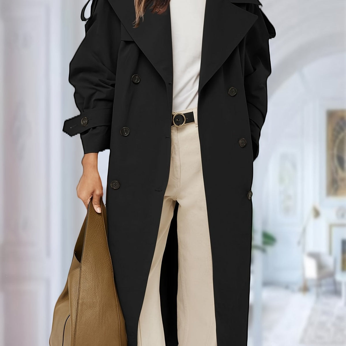 Oversized Double-Breasted Trench Coat - Loose-Fitting Long Outerwear - Satinni