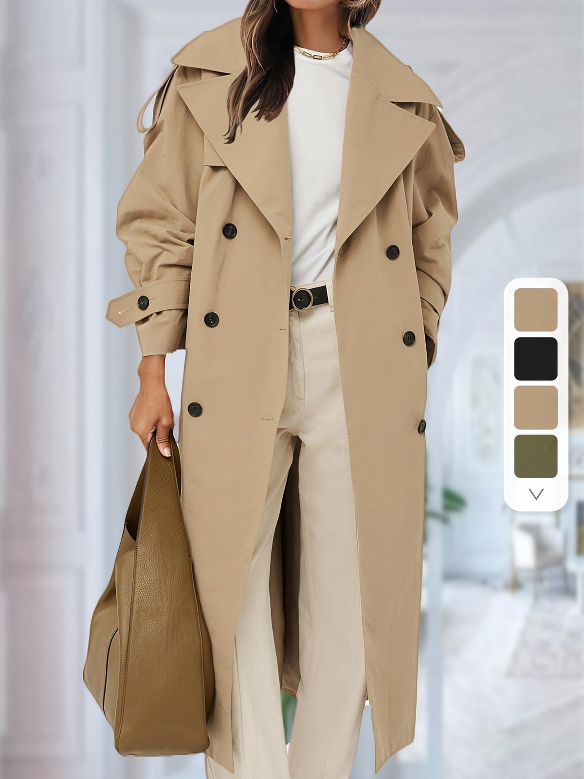 Oversized Double-Breasted Trench Coat - Loose-Fitting Long Outerwear - Satinni