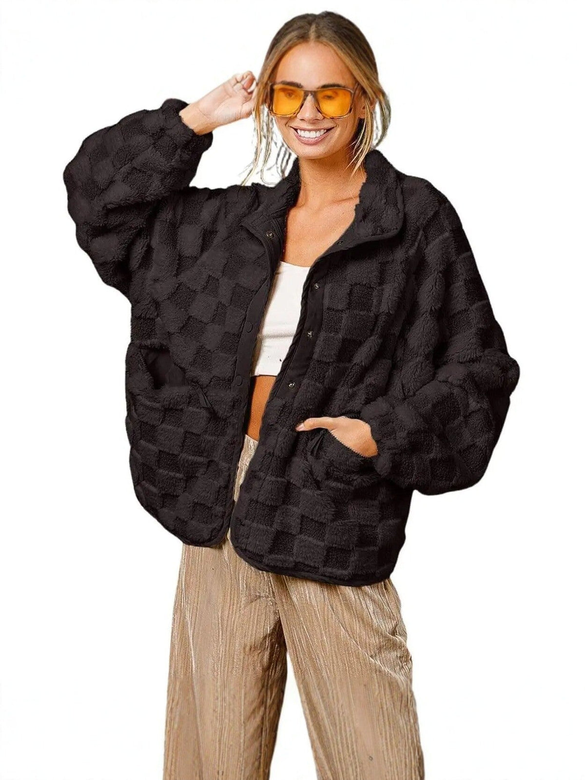 Plaid Faux Fur Coat for Women – Autumn/Winter Warm Jacket, Turn-Down Collar, Short Plush Design - Satinni