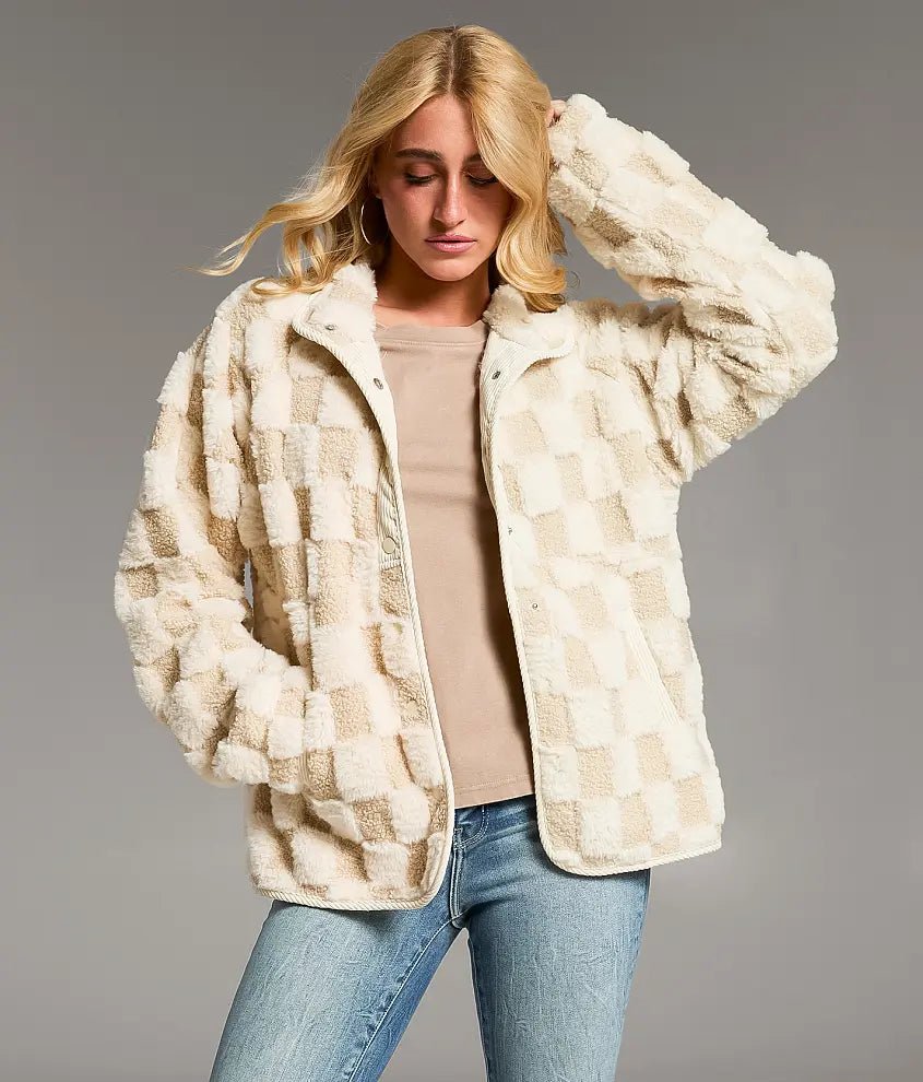Plaid Faux Fur Coat for Women – Autumn/Winter Warm Jacket, Turn-Down Collar, Short Plush Design - Satinni