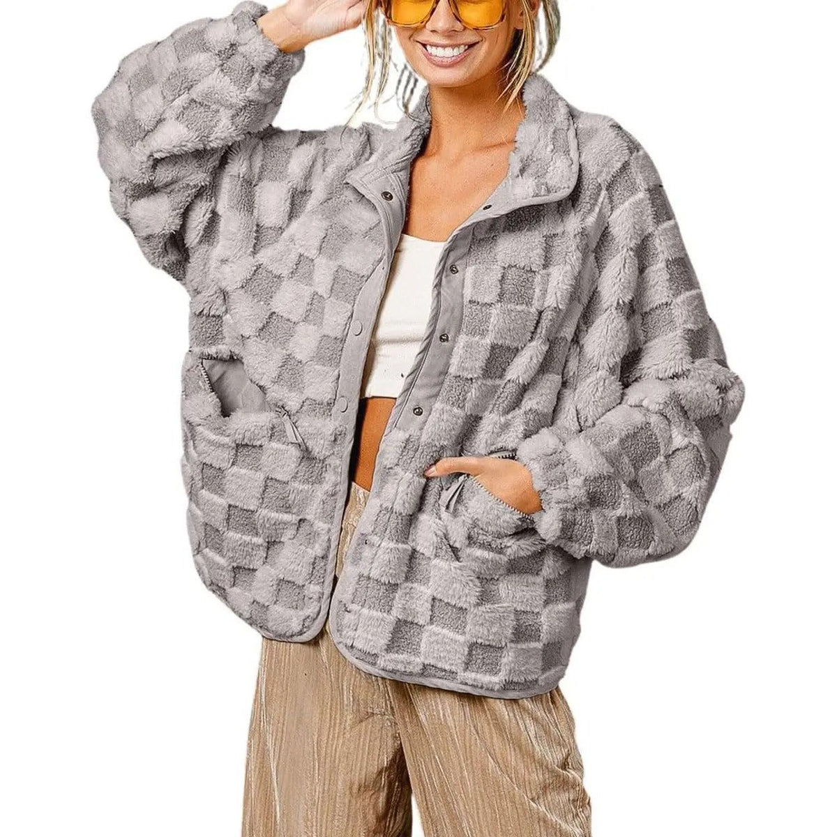 Plaid Faux Fur Coat for Women – Autumn/Winter Warm Jacket, Turn-Down Collar, Short Plush Design - Satinni
